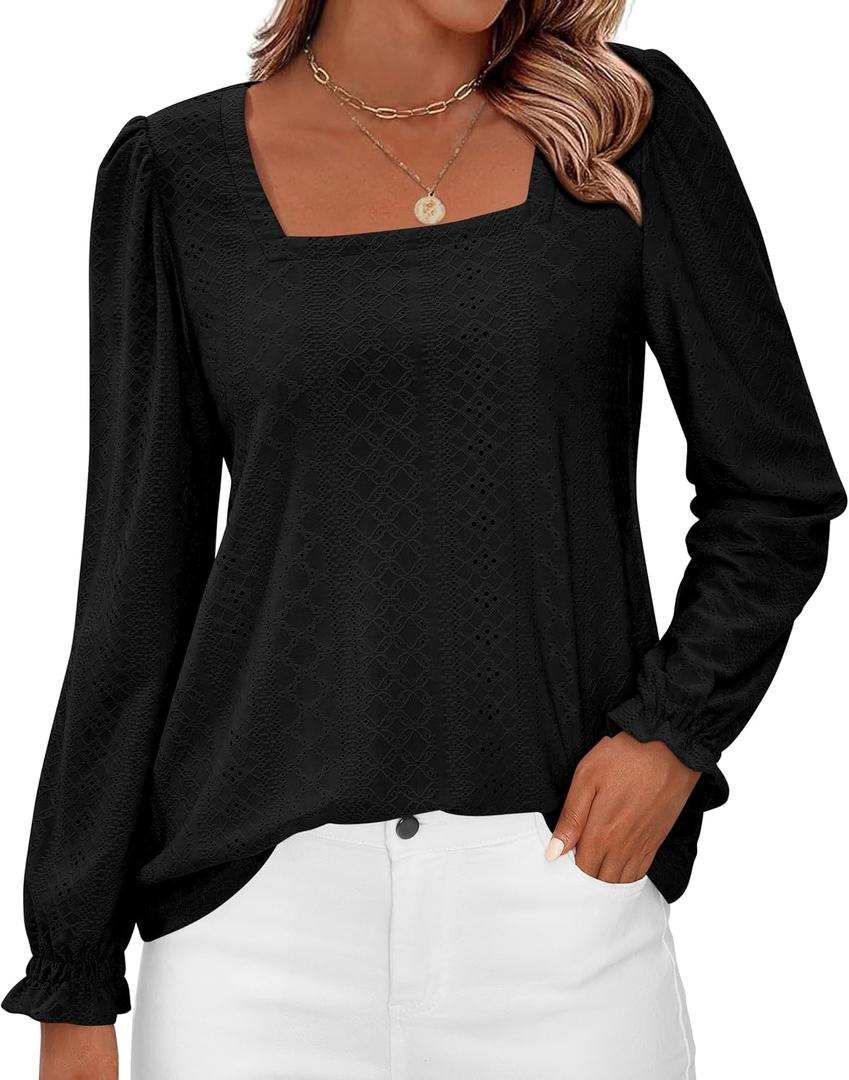 Okiwam Womens Long Sleeve Shirts Fall 2026 Square Neck Dressy Casual Blouses Eyelet Tunic Tops Fashion Outfits Clothes (Black, M)