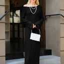 Wenrine Womens Fall Off The Shoulder Bodycon Sweater Dress 2025 Formal Long Sleeve Elegant Cocktail Party Maxi Dresses (Black)