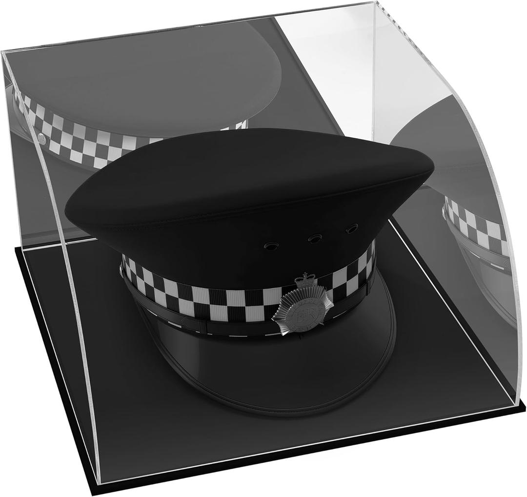 Military Police Hat Display Case Clear Acrylic Hat Display Box with Black Base & Stainless Steel Risers | Acrylic Baseball Cap Holder Stand | Showcase for Military Hats, Sports Caps & Mini Helmets