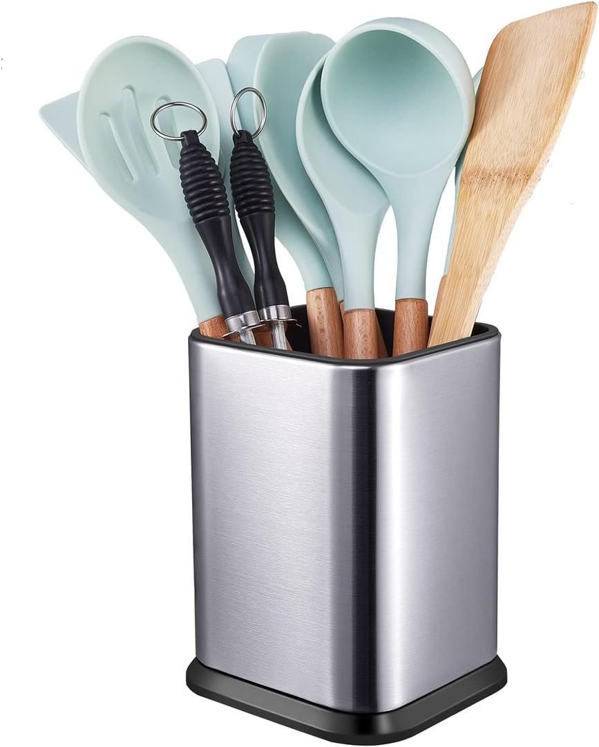 RedCall Stainless Steel Kitchen Utensil Holder for Countertop, Spoon Spatula Organizer,Modern Rectangular Large Cooking Utensil Caddy Counter,Utensil Crock Silver