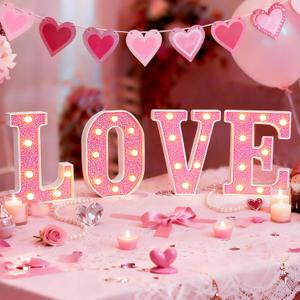 Valentines Day Decorations  Galentines LED LOVE Marquee Light Letters, Pink Glitter Battery Operated Tabletop Sign for Home, Party, Shelf and Mantel Dcor