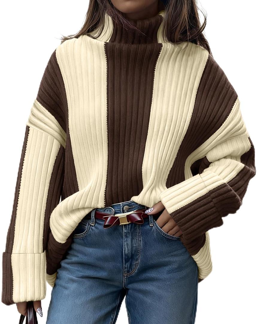 Saodimallsu Womens Turtleneck Sweater Color Block Striped Oversized Sweaters Winter Casual Trendy Pullover Tops Coffee
