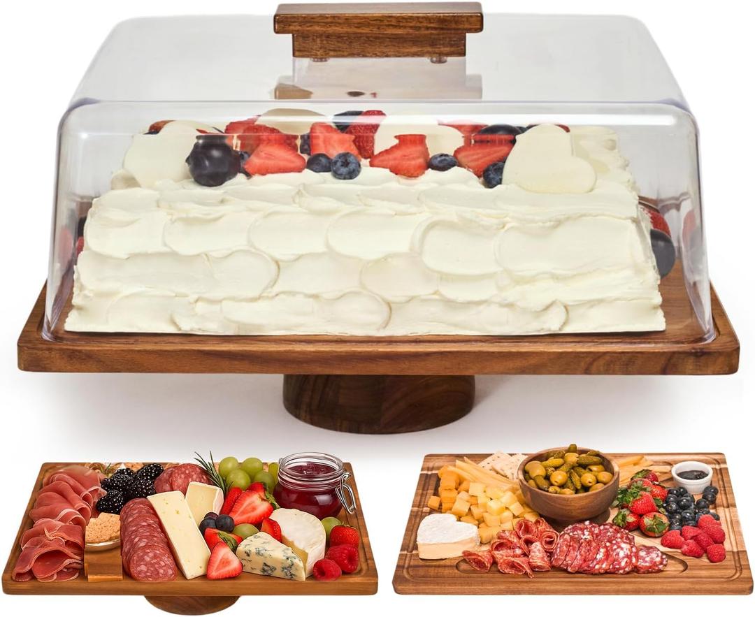 Acacia Wood Cake Stand with Lid 2-in-1 Rectangular Charcuterie Board & Dessert Display, Shatterproof Acrylic Dome Cover for Freshness, Serving Platter for Parties, Gifts for Mom & Women