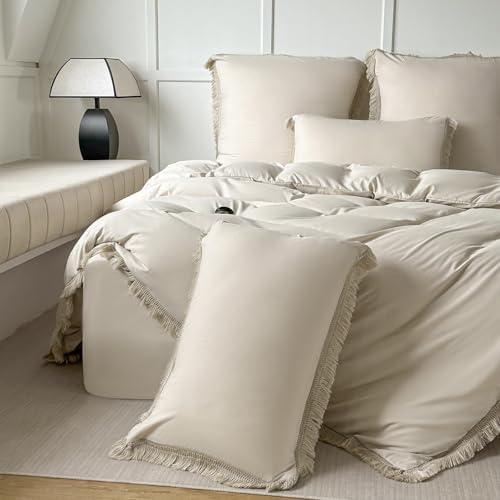 Amolavet Beige Duvet Cover Queen Size with Boho Tassel - Queen Duvet Cover 3 Pieces Set Ultra Soft Brushed Microfiber 1 Duvet Cover 90x90 with Zipper Closure + 2 Pillow Shams