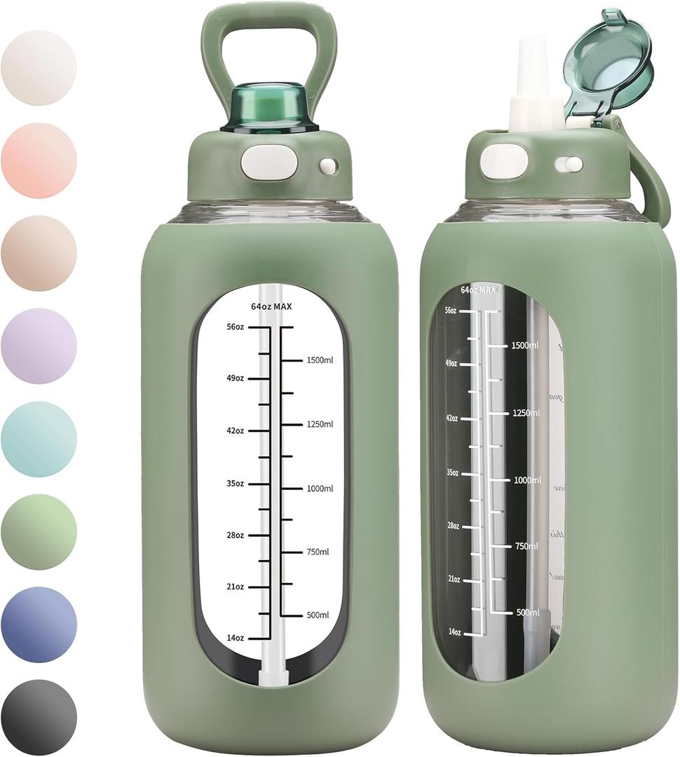 SIEROZUR 42 oz Glass Water Bottle with Straw and Handle, Large Sports Motivational Water Bottle Flask with Time Marker Leakproof Water Jug with Silicone Sleeve for Gym (Olive)