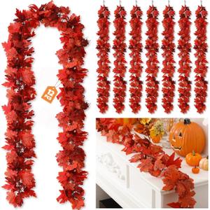 Janinka 12 Pack Fall Maple Leave Garland 5.7 ft Artificial Maple Leaves Autumn Garland Hanging Fall Vines Table Decoration for Home Thanksgiving Harvest Fireplace Mantel Porch Indoor Outdoor(Red)