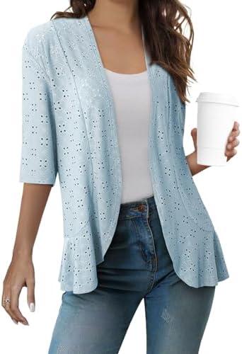 Sidefeel Lightweight Summer Cardigan for Women Spring Netted Knit Ruffle Half Sleeve Kimono Cover Ups, Sky Blue, XL
