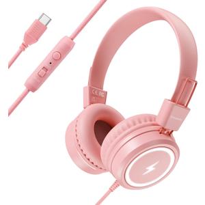 Kids Headphones with LED Lights for School, Upgrade USB Type C Kid Headphone with Microphone, Volume Limiter 85/94dB, Wired On Ear Headphones for Boys/Girls/Tablet/Travel -Pink