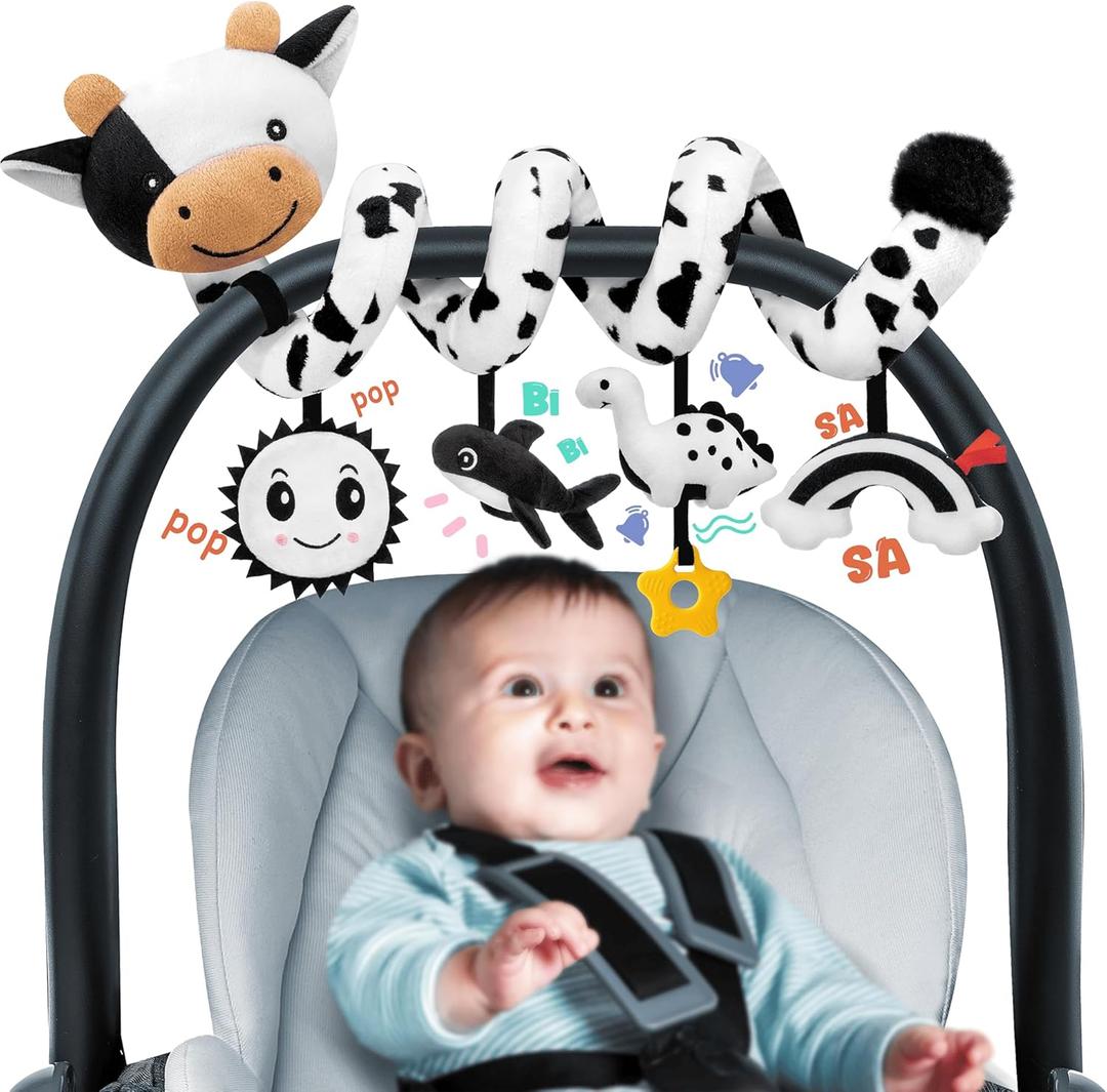 Spiral Car Seat Baby Toys 0-6 Months, Infant Carseat High Contrast Sensory Toys Hanging Stroller Accessories, Newborn Shower Gifts for Baby Boys Essentials Stuff, Cute Black and White Cow