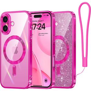 Meifigno Designed for iPhone 16 Plus Case 6.7", [Glitter Card & Wrist Strap] [Compatible with MagSafe] Full Lens Protection Designed for 16 Plus Case, Hot Pink