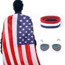 LUTER 3PCS Accessories for 4th of July, American Flag Costume Cape, Retro 80's American USA Sunglasses and Red White and Blue Bandana Headband, Outfits for Independence Day for Adult Men Women
