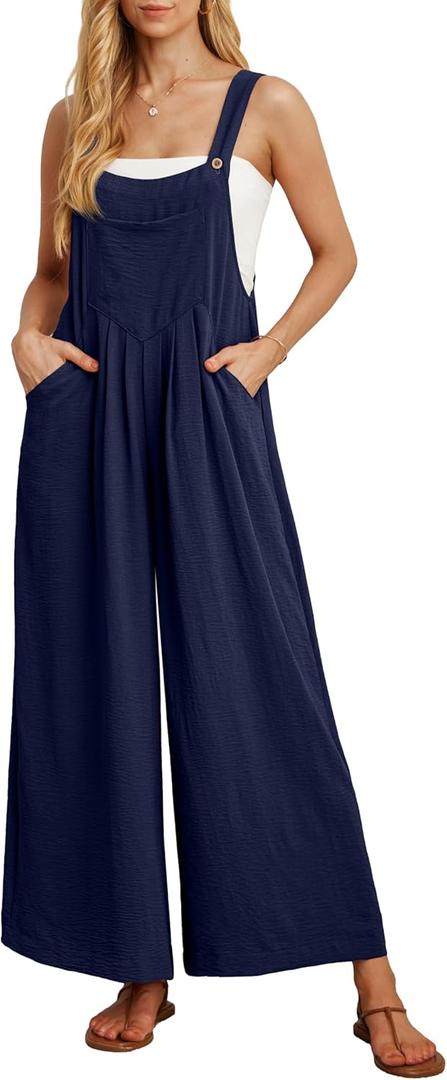 IWOLLENCE Women's Summer Jumpsuits Boho Wide Leg Overalls Casual Loose Rompers with Pockets, Navy Blue, Small