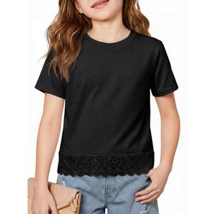ZDC Girls Short Sleeve Lace Hem T Shirts Crewneck Casual Blouse Kids Summer Tops Tees 5-14 Years Black (Black)