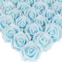 IPOPU Artificial Rose Flower Heads, 100pcs Light Blue Foam Fake Roses Bulk 3in Stemless Flowers for DIY Wedding Baby Shower Centerpieces Arrangements Party Tables Home Decorations (Light Blue)