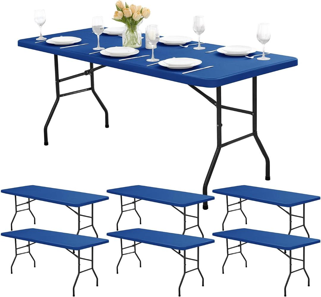 Fitted Tablecloths for 6-Foot Rectangle Tables - 6 Pack Outdoor Picnic Table Covers with Elastic, Washable Folding Table Protector for Party Banquet Graduation, 30x72 Inch, Royal Blue