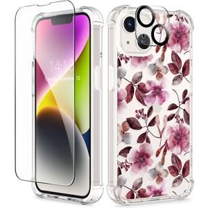 GVIEWIN for iPhone 14 Case Floral, with Screen Protector+Camera Lens Protector,[Non Yellowing] Soft Shockproof Clear Phone Protective Cover for Women, Flower Pattern Design 6.1"(Wild Rose/Burgundy)