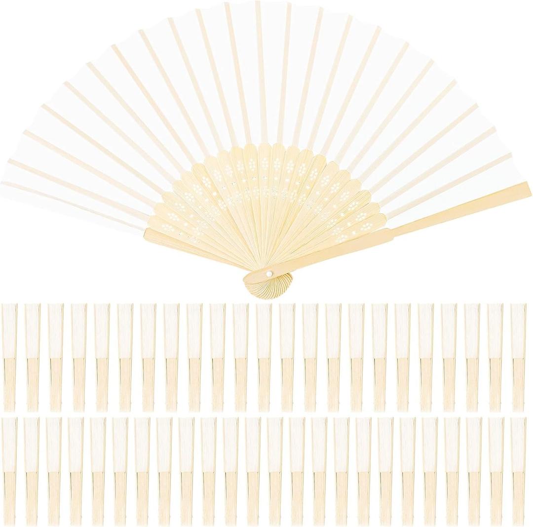 URATOT 48 Pieces White Folding Fans Silk Bamboo Folding Fans Handheld Fan for Wedding, Party Decoration
