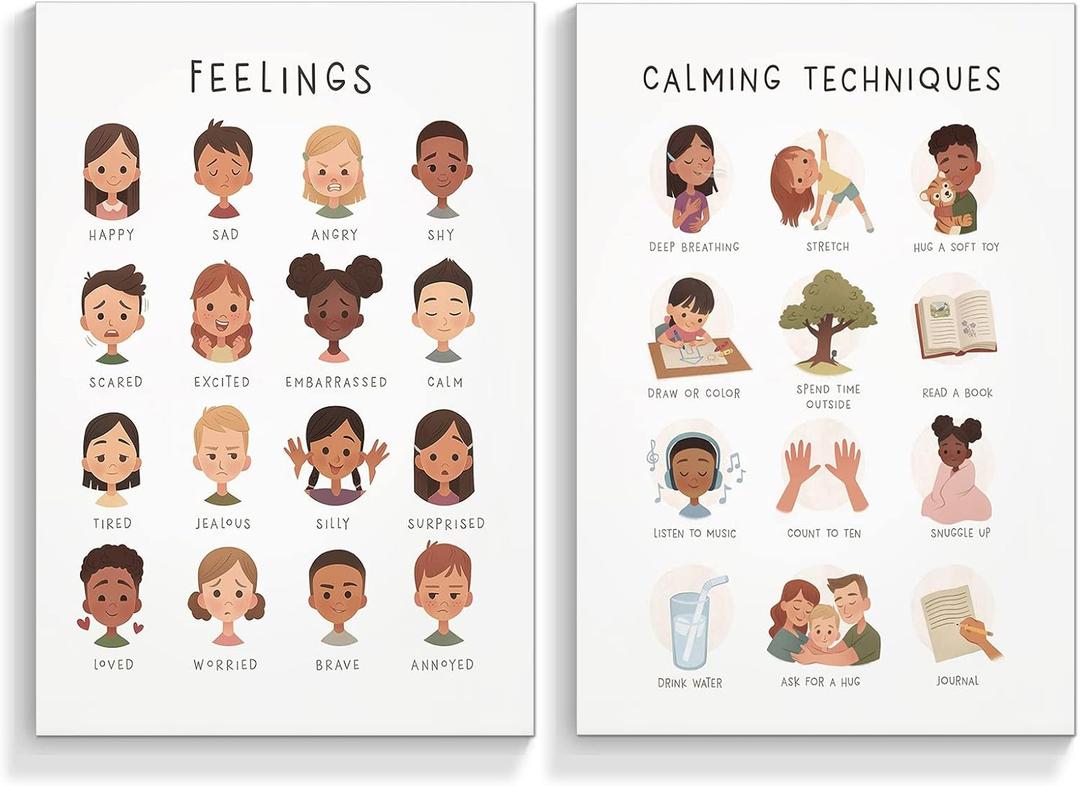 Prinajssiad 2 Pieces Boho Feelings and Calming Posters for Toddlers Mental Health Awareness Canvas Wall Art Preschool Emotions Faces Calm Corner Prints Social Worker Office Decor 12x16in Unframed