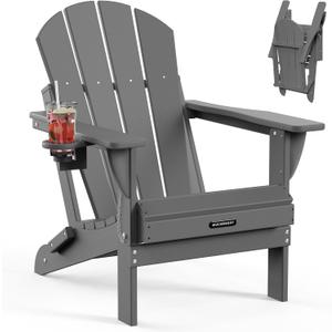 MUCHENGHY Folding Adirondack Chairs, Patio Chairs, Lawn Chairs, Outdoor Chair, Adirondack Chair Plastic, Fire Pit, Weather Resistant with Cup Holder for Deck, Backyard, Garden(Gray) (Grey)
