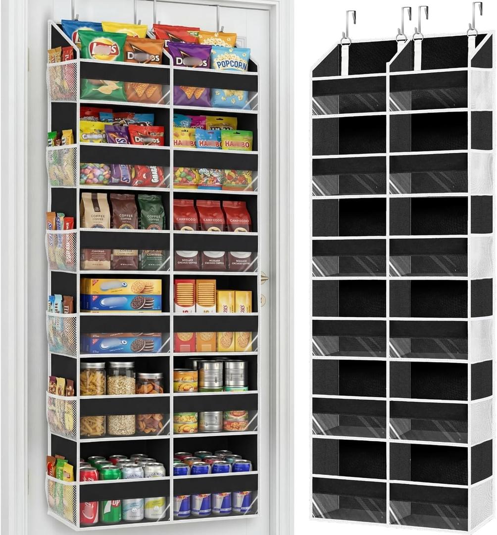 Over The Door Organizer 6 Tiers, Extra Large Behind Door Storage of 12 Compartments, 80 lbs Weight Capacity Hanging Storage Organizer with Clear Window Kids Toys, Shoes, Diapers, Room Storage,Black
