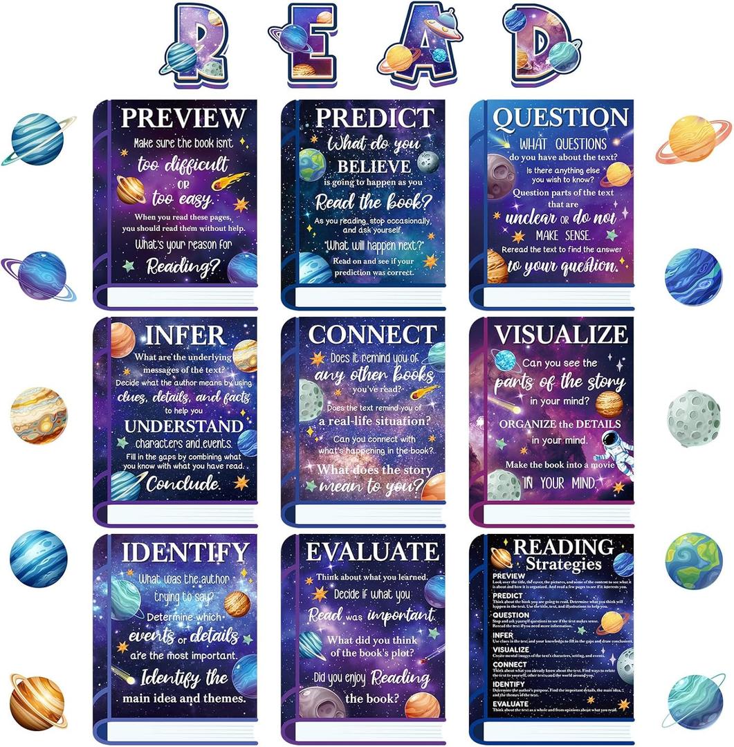 2 x Pasimy Reading Posters Reading Strategies Posters Bulletin Board Decoration Educational Read Poster for Elementary Middle School Library Classroom Decorations(Space)