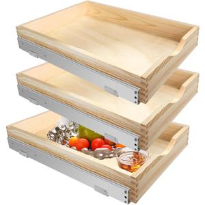 3 Set Pull Out Tray Cabinet Organizer Wooden Slide out Drawers Organizer for Base Cabinet Kitchen with Gentle Close Fully Assembled Pantry Storage Shelves (14'' X 21'' X 3")