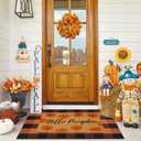 Fall Decor Door Mat Combo Set, Hello Pumpkin Coco Coir Welcome Doormat + 28" x 43" Orange and Black Plaid Rug, Autumn Thanksgiving Front Porch Entryway Decor Floor Mats