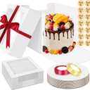 Sudaya 10x10x5 Cake Boxes with Window, Cake Boxes 10 inch Tall with Cakes Box Ribbon Stickers, 10in Disposable Carry Bakery Containers Cajas Para Pasteles for Pies Party Wedding Gift Giving