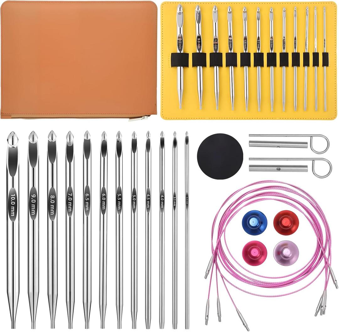 AIYUNDI Tunisian Crochet Hooks Set with Cable, 6-Inch Aluminum Interchangeable Crochet Hooks 3mm-10mm, Long Crochet Hooks, Lightweight, Anti-Twist Swivel Cables, Ergonomic, Umber 26 PCS