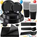 WELLIFE 210 PCS Black Plastic Plates for 30 Guests - Disposable Dinnerware Set Including Dinner Plates, Dessert Plates, 12oz Cups, Cutlery & Napkins, Black Disposable Plates for Party and Birthdays