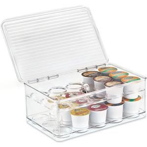 iDesign 2-Tier Coffee Pod Holder Lidded Bin, Plastic Pantry and Kitchen Storage, The Linus Collection  7.25" x 10.75" x 4.25", Clear