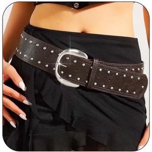 Black Studded Belt for Women Rock Rivet Wide Leather Belt for Dress Pants Y2K Cowgirl Chunky Belts Punk Thick Belt (Fits Waist Size:29''-33'', Coffee)