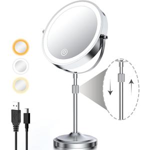 9" Lighted Makeup Mirror with 1X 10x Magnification, 5000mAh Rechargeable Magnifying Vanity mirror with lights, 3 Lighting Color, Dimmable and Height Adjustable Cordless Cosmetic Mirror (10X Chrome)