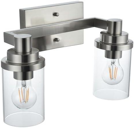 MELUCEE 2 Light Bathroom Vanity Light Brushed Nickel Hall Light Fixture Wall Mount with Clear Glass Shade, Metal Wall Sconces 14 Inch for Living Room Bedroom Hallway