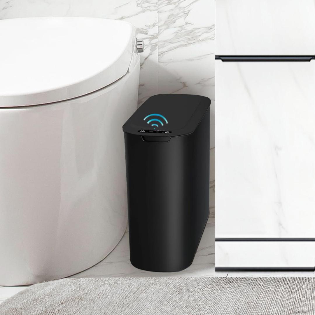 TIPGO Automatic Motion Sensor Bathroom Trash Can with Lid, 2.6 Gallon Touchless Trash Bin, Smart Garbage Can Plastic Slim Wastebasket for Bedroom, Office, Dorm (Black) (Black)