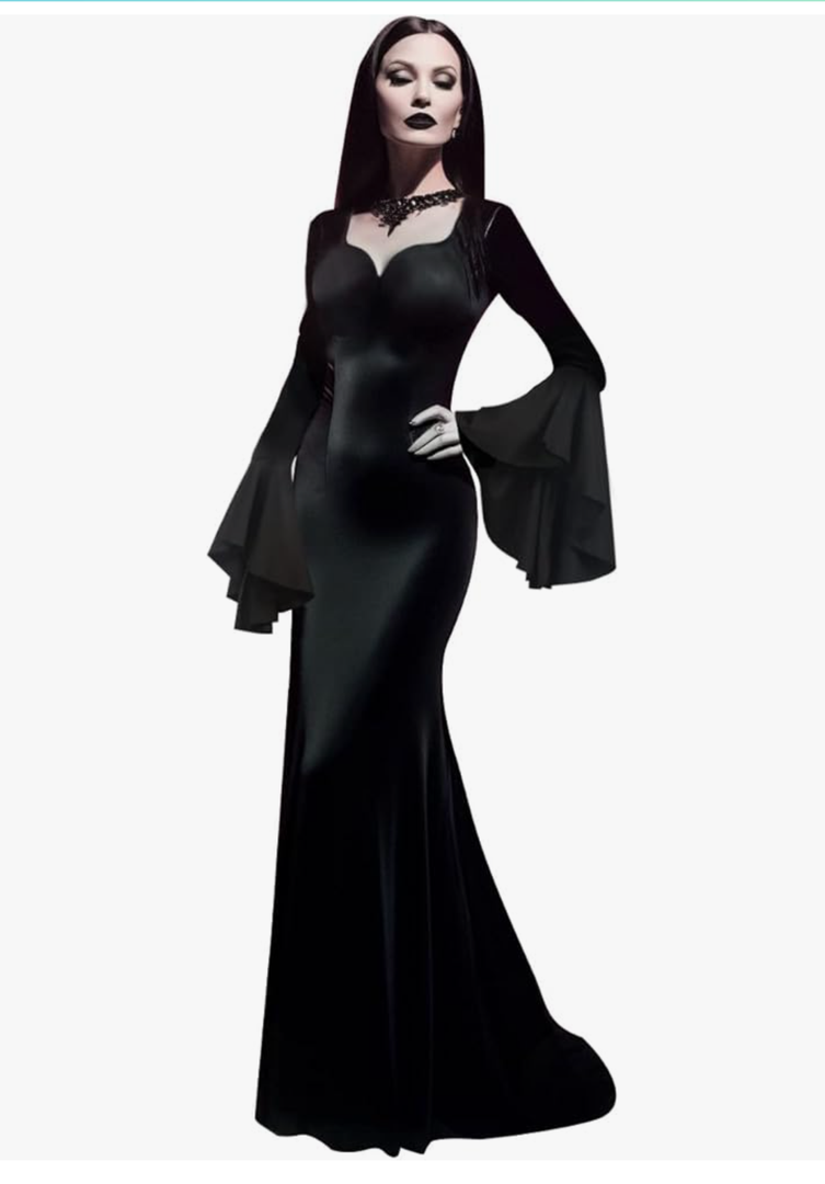 Black Dress Floor Length Tight fitting Halloween Gothic RolePlay Costume, Size:L
