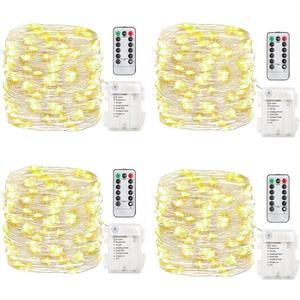 GDEALER 4 Pack 16.4 Feet 50 Led Fairy Lights Battery Operated with Remote Timer Waterproof Silver Wire Twinkle Light String Lights Outdoor Indoor 8 Modes for Bedroom Wedding Dorm Decor Warm White