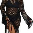 WDIRARA Women's Plus Size Hollow Out Sheer Crochet Beach Cover Up Tassel Long Sleeve Dress Coverups (XX-Large Plus, Black)