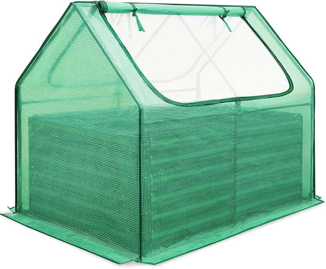 Quictent 4x3x2ft Galvanized Raised Garden Bed with Cover Metal Planter Box Kit, w/ 2 Large Screen Windows Mini Greenhouse 20pcs T Tags 1 Pair of Gloves Included Outdoor Growing Vegetables (Green)
