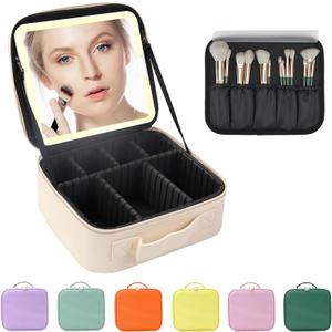 Travel Makeup Bag with LED Lighted Mirror, Travel Makeup Organizer,3 Color Setting Cosmetic Makeup Box, Adjustable Dividers and Brush Holderwhite