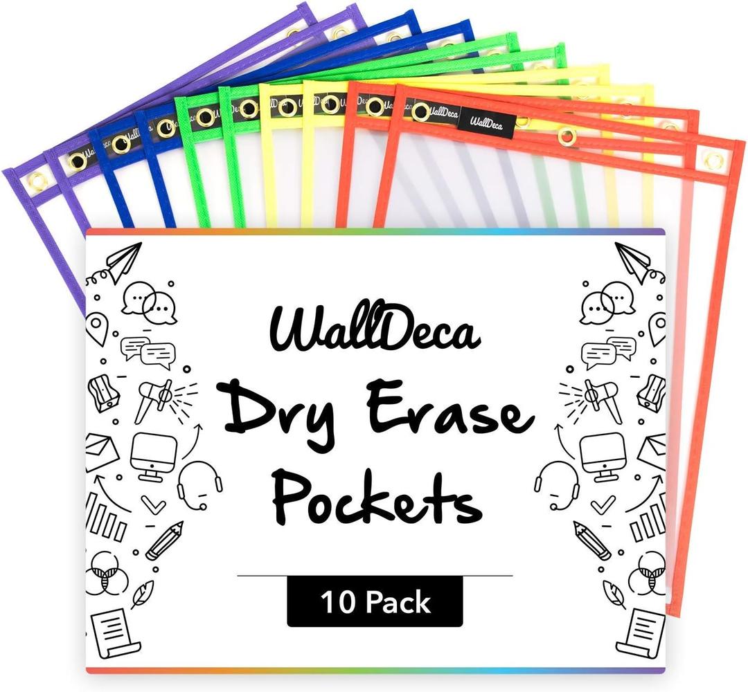 Walldeca Dry Erase Plastic Sleeves for Paper 8.5x11 inches 10 pk - Dry Erase Pockets Reusable Sleeves - Plastic Covers for Paper Holder Pack, Write and Wipe Pockets, Clear Pockets for Classroom (10-Pack)