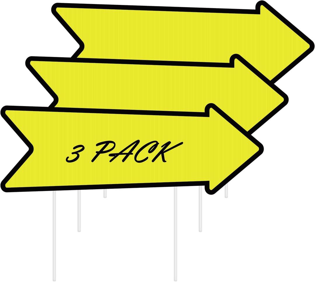 3 Pack Blank Arrow Yard Signs with Stakes, 17" x 6" Waterproof UV Resistant Corrugated Plastic Directional Signs, Reusable This Way Arrow Signs for Yard Sales, Garage Sales, Weddings, Parties & Business Advertising