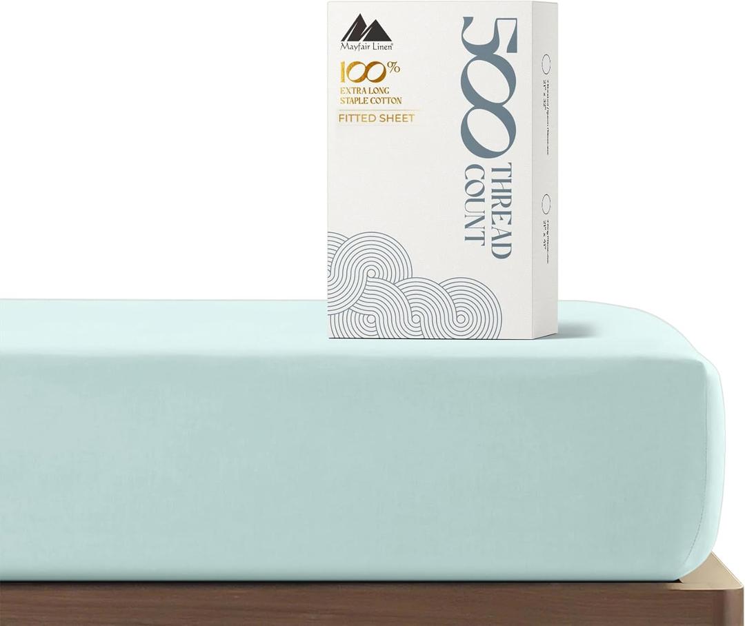 Mayfair Linen 100% Cotton Fitted Sheet King Size - 500 Thread Count Fitted Sheet King Cotton Only, Luxuriously Soft, Cooling 16" Deep Pocket Sateen Weave Bottom, Luxury Hotel Quality - Sea Foam