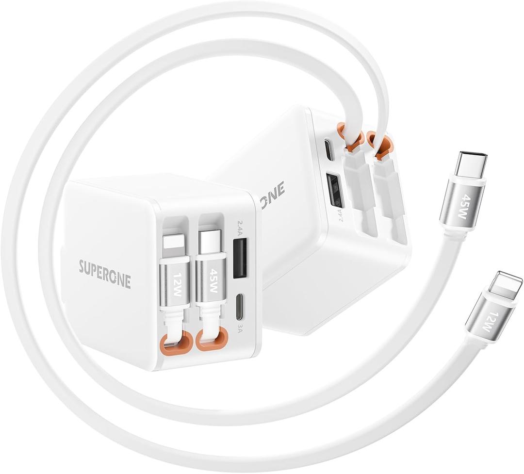 SUPERONE 84W Retractable Charger with Dual Cables, 45W PD Fast Charging Retractable Wall Charger, Retractable Phone Charger Wall Plug for iPhone 17 16 15 14 13 12 11, Samsung, MacBook, iPad, Pixel (USB-C and Apple Cables)