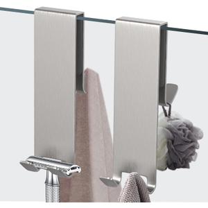 Shower Door Hook, Extended Length Double-Sided Hook for Frameless Shower Doors (7 Inch), Heavy-Duty Stainless Steel Hook for Bathrobes and Towels, No Drilling or Adhesive Required, 2-Pack, Silver