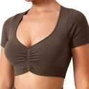 TAYOEA Crop Tops Workout for Women Yoga Short Sleeve Shirts Seamless V-Neck Gym T Shirts with Built in Pads (Small)