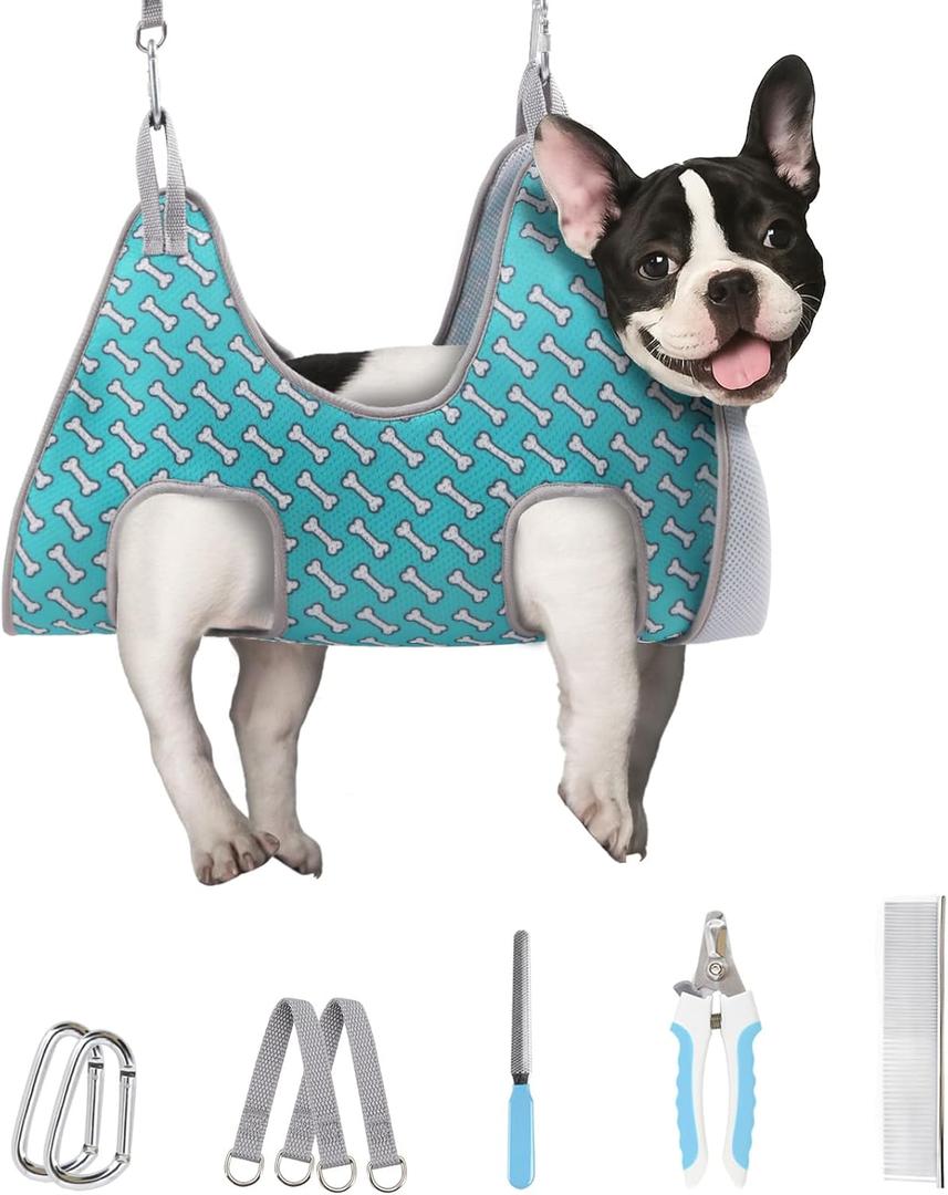 Supet Dog Grooming Hammock Harness for Dogs Cats, Relaxation Pet Nail Clipper Hammock, Restraint Dog & Small Animal Leashes Sling for Groomingk for Nail Trimming (Coral Blue, S) (S Max 30 LbLeg space: 5.2"-12.2")