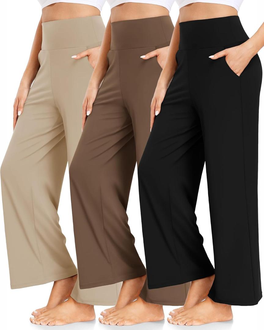 FULLSOFT 3 Pack Women's Wide Leg Yoga Pants Comfy Loose Sweatpants High Waisted Lounge Casual Pants with Pockets (Medium, Black,coca Moncha,light Khaki)