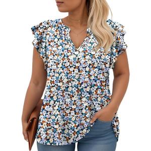 VISLILY Womens-Plus-Size-Summer-Tops Cute Notched V Neck T Shirts Dressy Ruffle Short Sleeve Blouses Trendy Casual Tunics Tee, 2XL