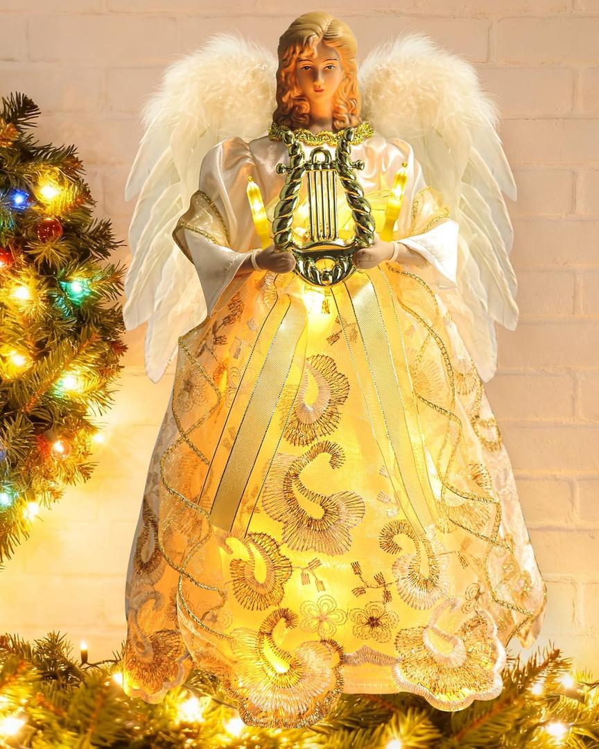 Angel Tree Topper with Lights, 12'' Christmas Tree Topper Angel, Battery Operated Lighted Treetop Ornaments, Elegant Christmas Tree Decorations for Indoor Office Holiday